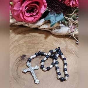 Vintage Black and Silver Toned Beaded Cross Rosary